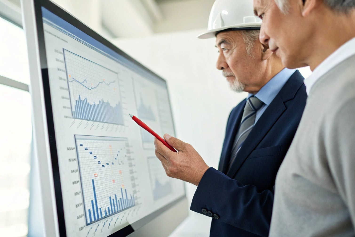 Business professionals reviewing statistical graphs on large screen.