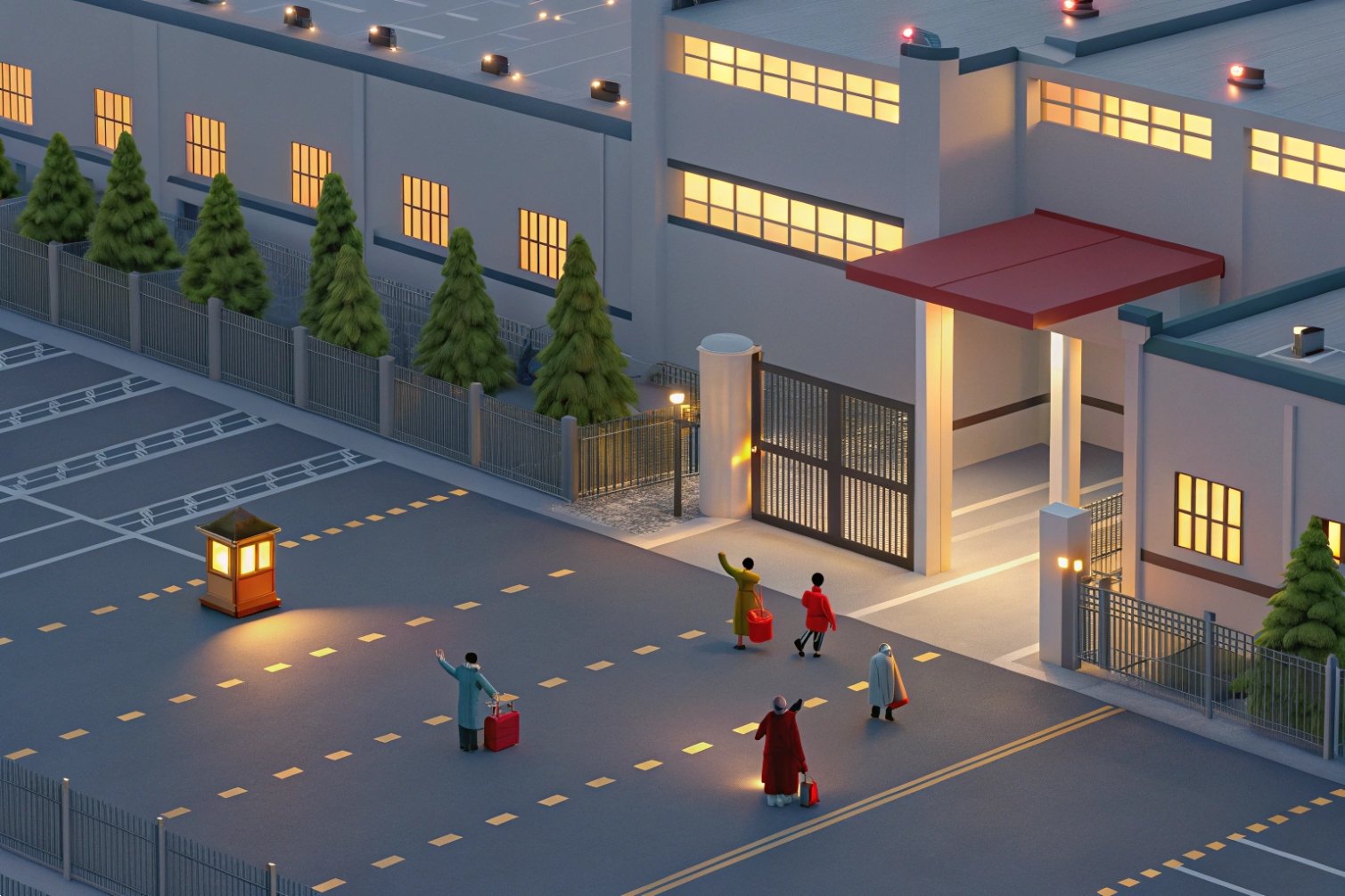 Factory exterior with animated workers entering premises.