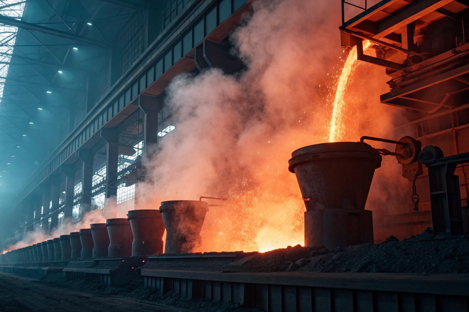 Molten steel pouring in a factory setting.