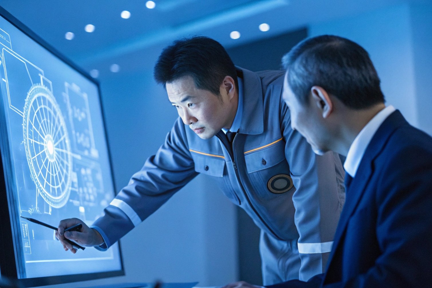 Design Consultation Engineers discussing technical plans on digital blueprint