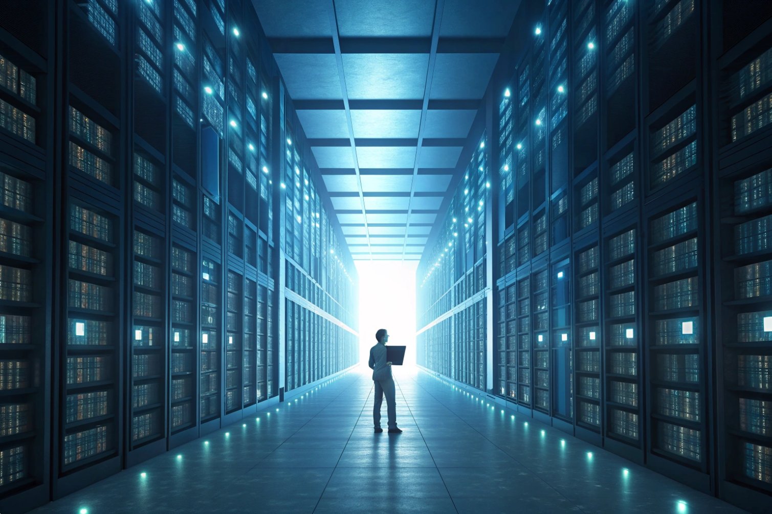 Person standing amidst illuminated server racks