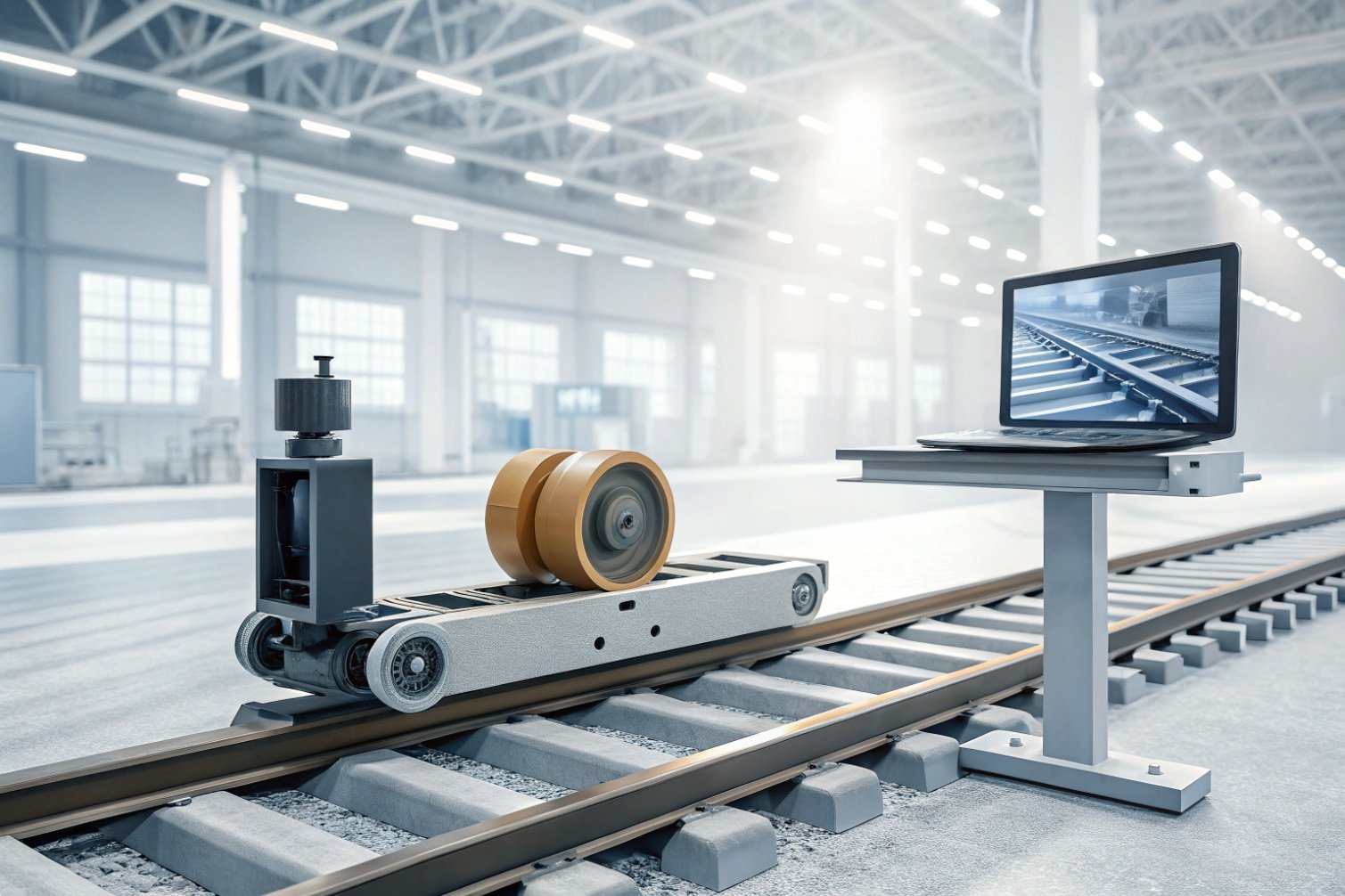 Rail track testing with advanced equipment, computer monitor displaying track image. Industrial setting.