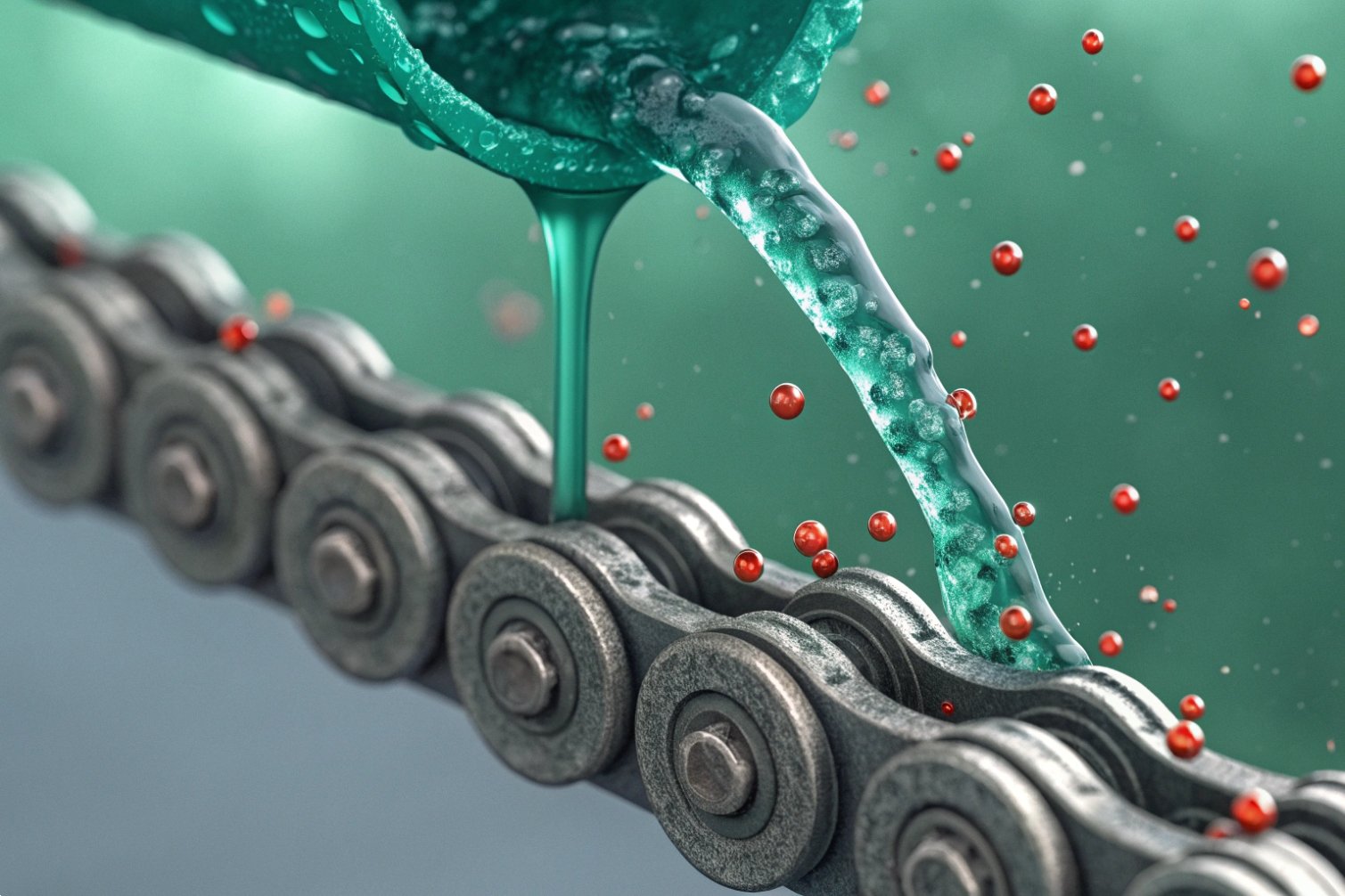 Close-up of chain with blue liquid and red spheres.