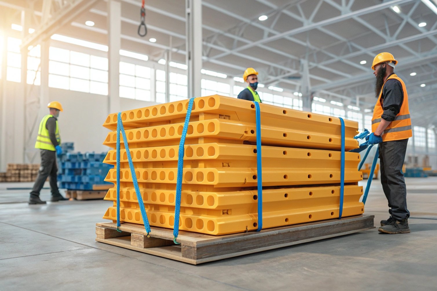 Workers handling secured yellow beams on pallets in industrial facility.