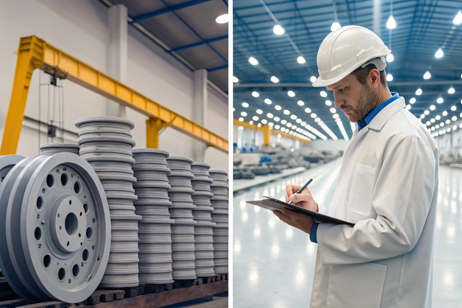 Stack of wheels in factory split with engineer noting data.