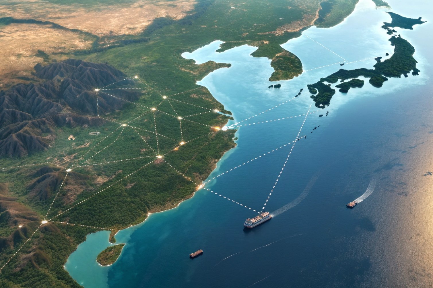 Aerial view of shipping network near coastline.