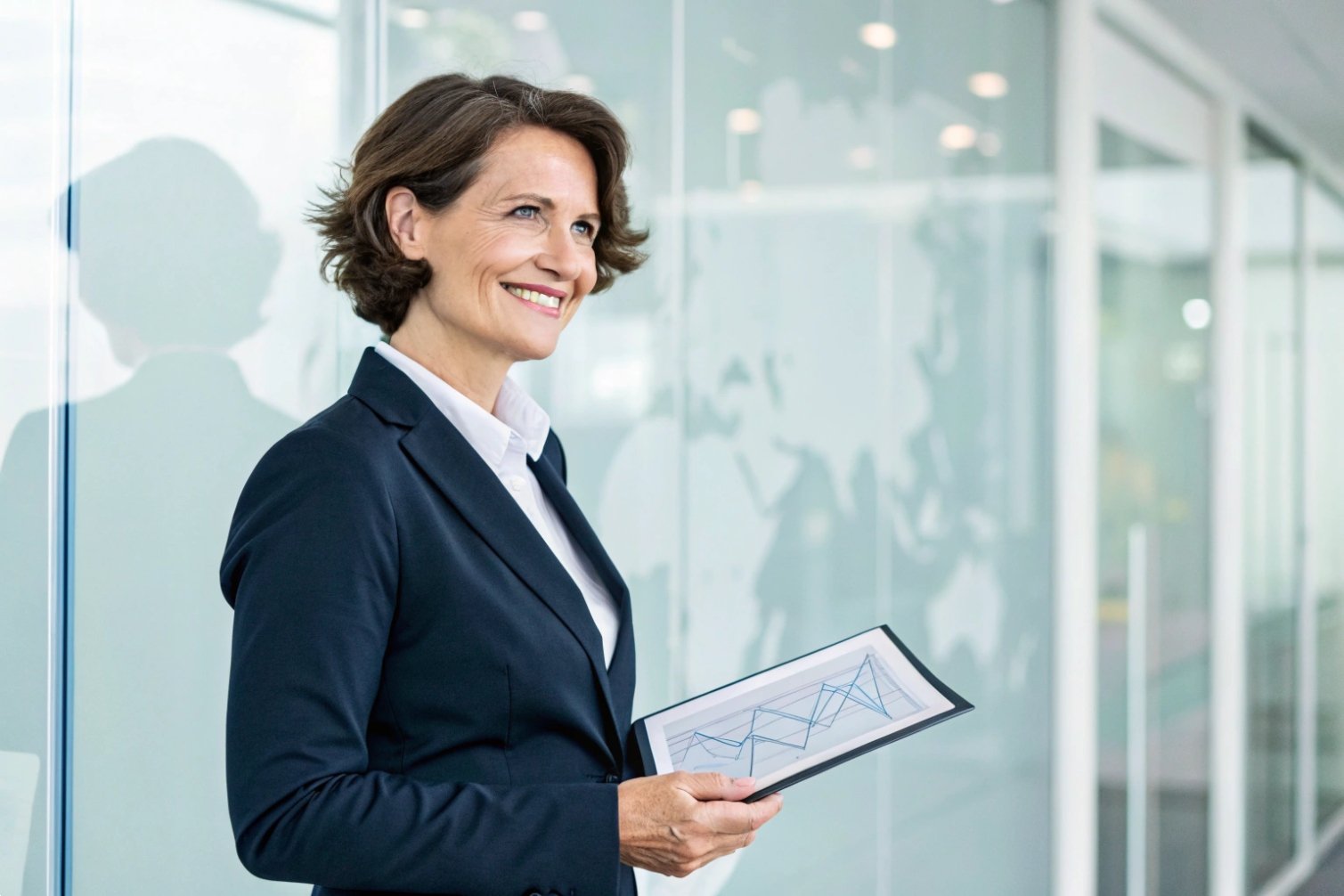 Businesswoman holding tablet with graph reflection.