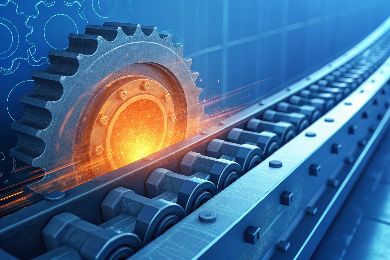 Industrial mechanics Glowing gear in futuristic machine setting.