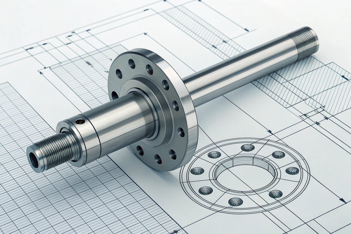 Precision machined steel shaft with flange and threads on a technical blueprint