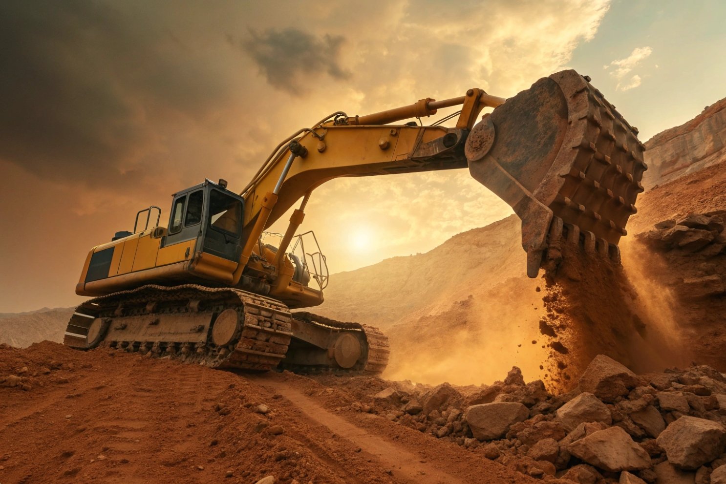 Large yellow crawler excavator digging dirt at a dusty construction or mining site