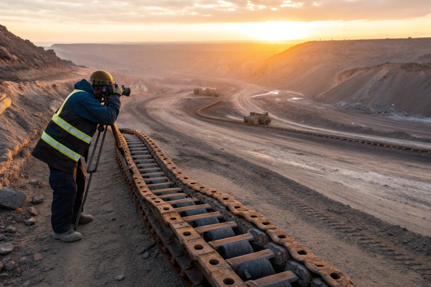 An industrial photographer capturing a sunset over a large-scale open-pit mining operation.