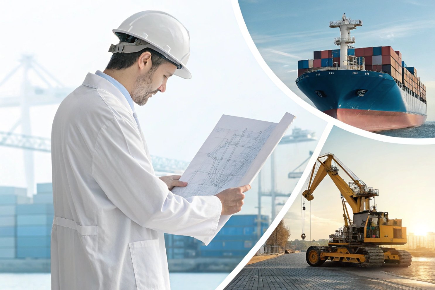 An engineer in a white lab coat reviewing technical blueprints for maritime logistics.