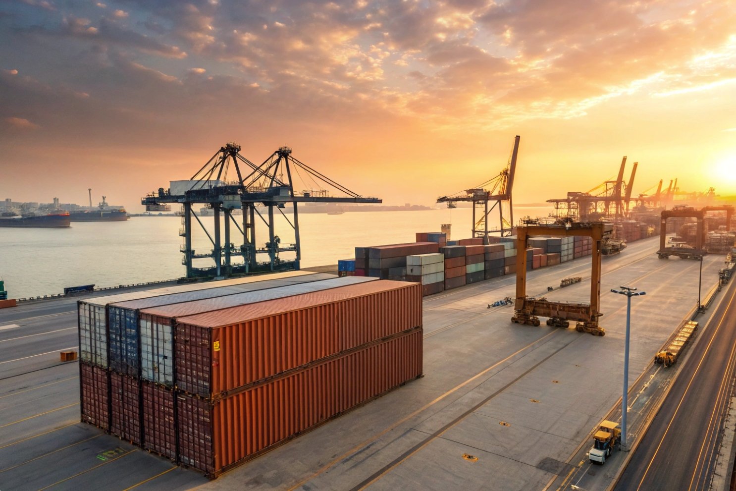 Industrial cargo port terminal at sunset with shipping containers and heavy lifting cranes.