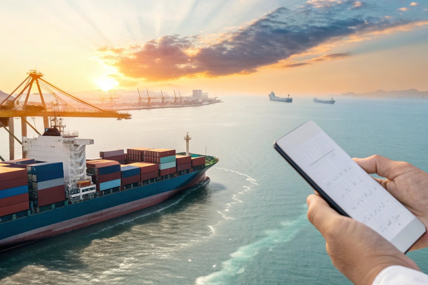 Smart logistics concept featuring a container ship at sea controlled by a mobile smartphone app.