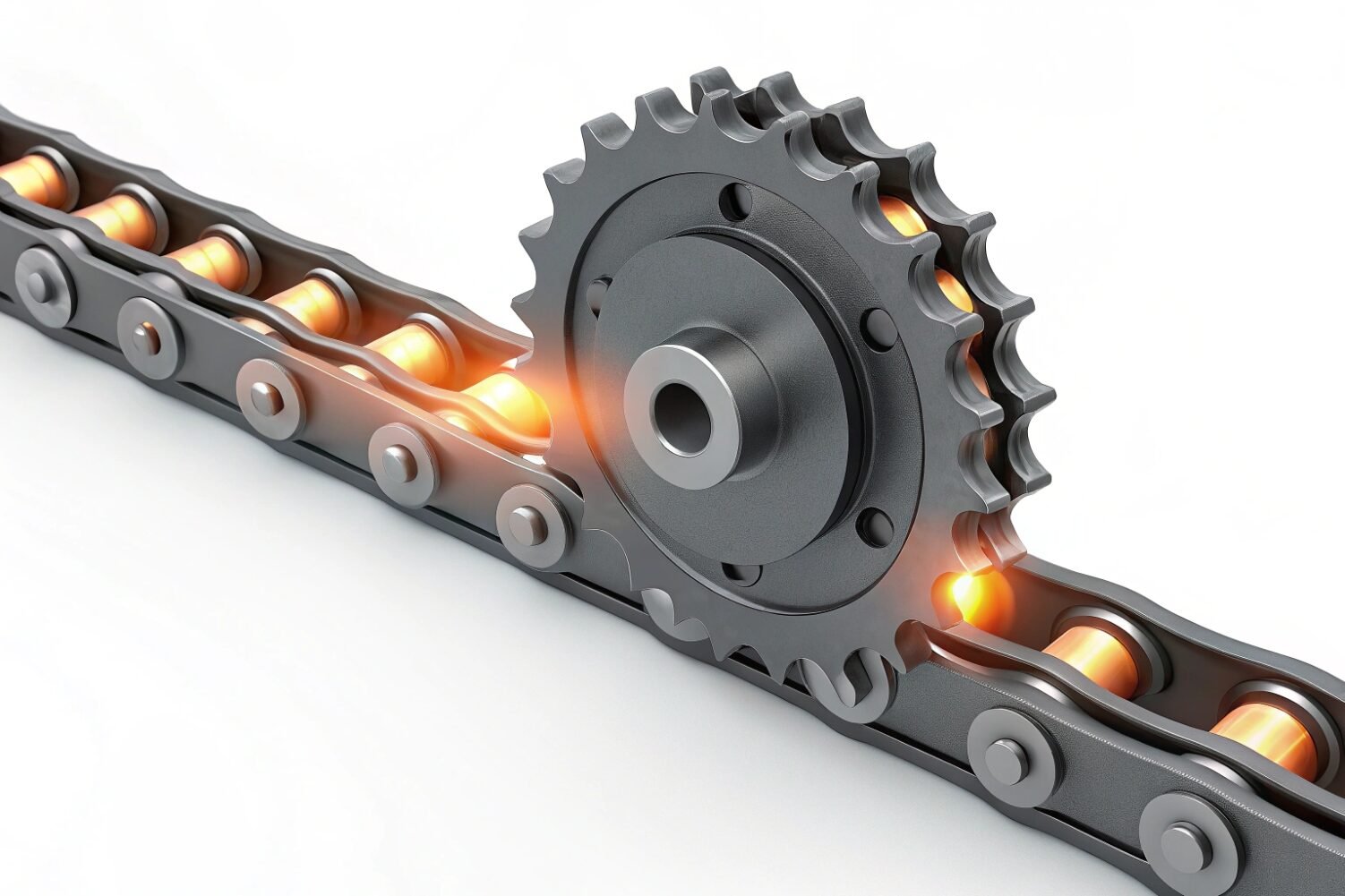 Detailed 3D render of a mechanical roller chain and sprocket gear assembly