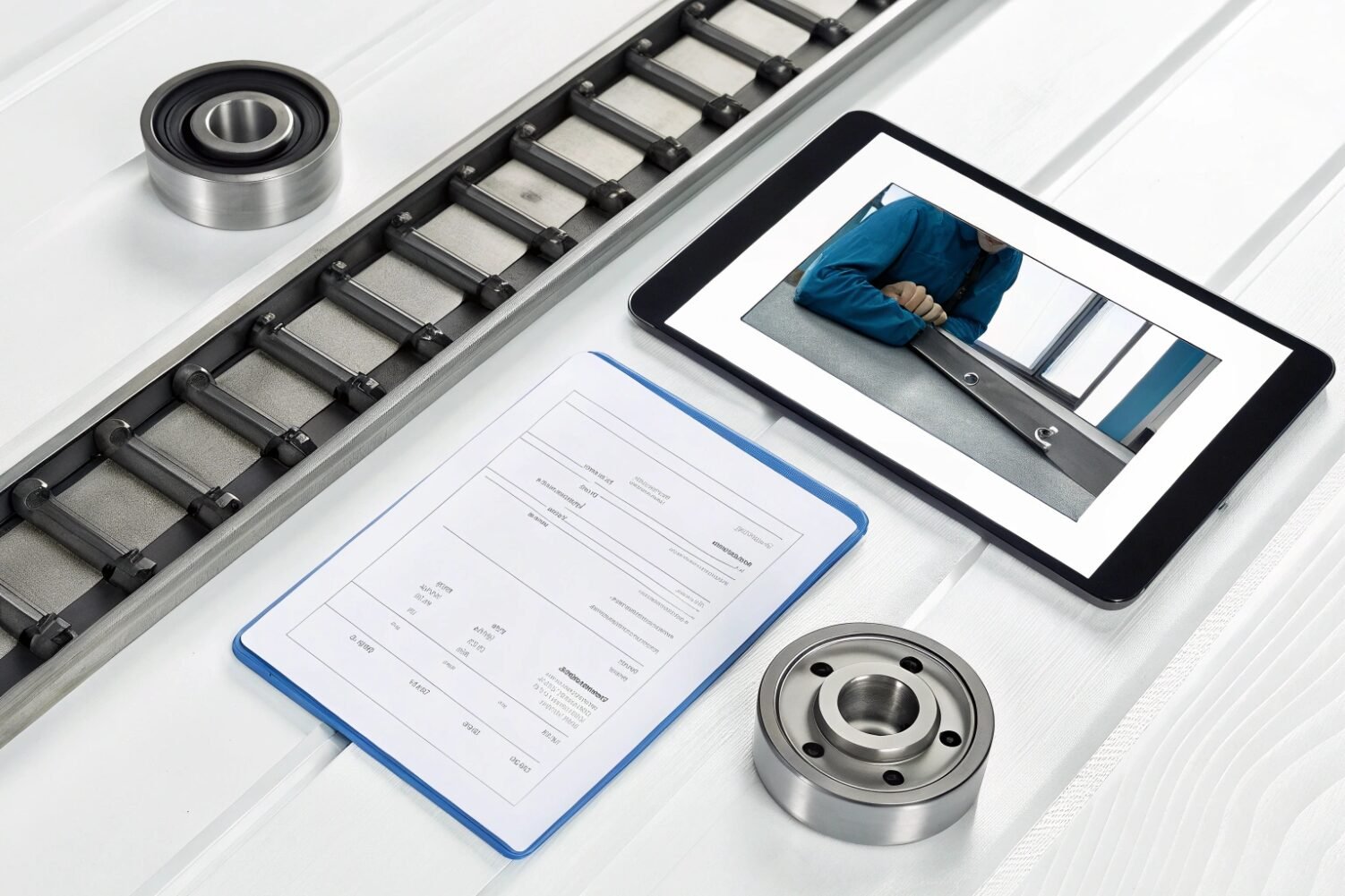 Industrial bearings and crawler parts with digital tablet and quality report