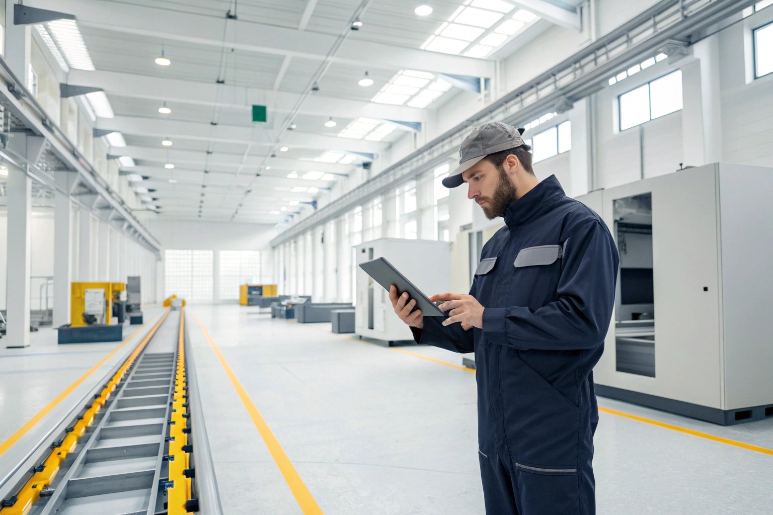 Factory technician using digital tablet to monitor automated production line equipment