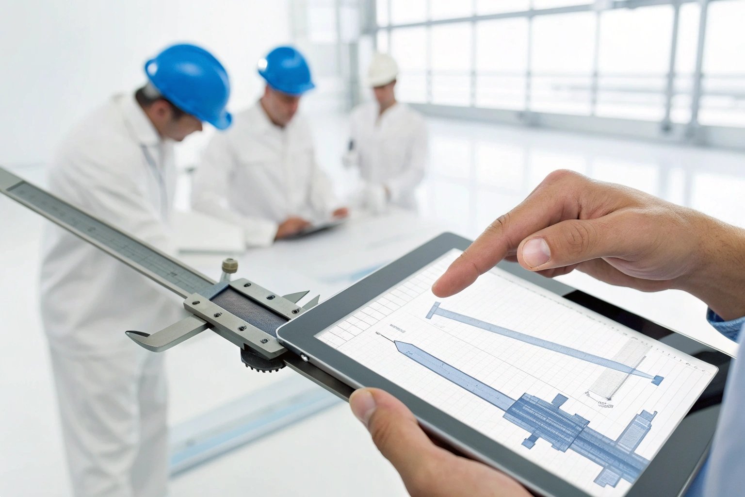 Close up of technician using digital tablet for precision engineering measurements and blueprints