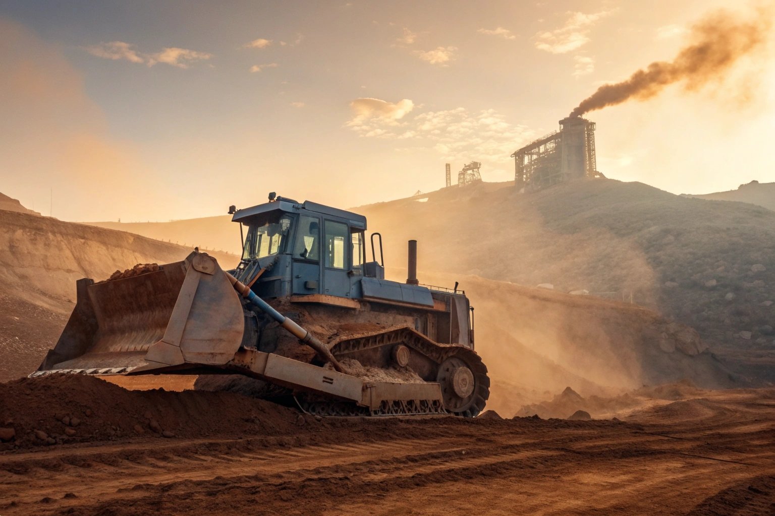 Heavy bulldozer moving earth at a large scale mining and construction site at sunset