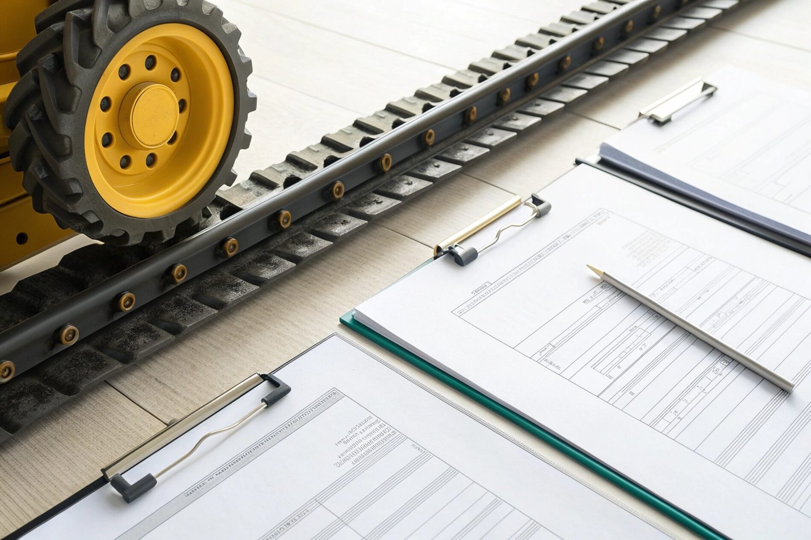 Close-up of heavy machinery track and wheel next to technical planning documents.