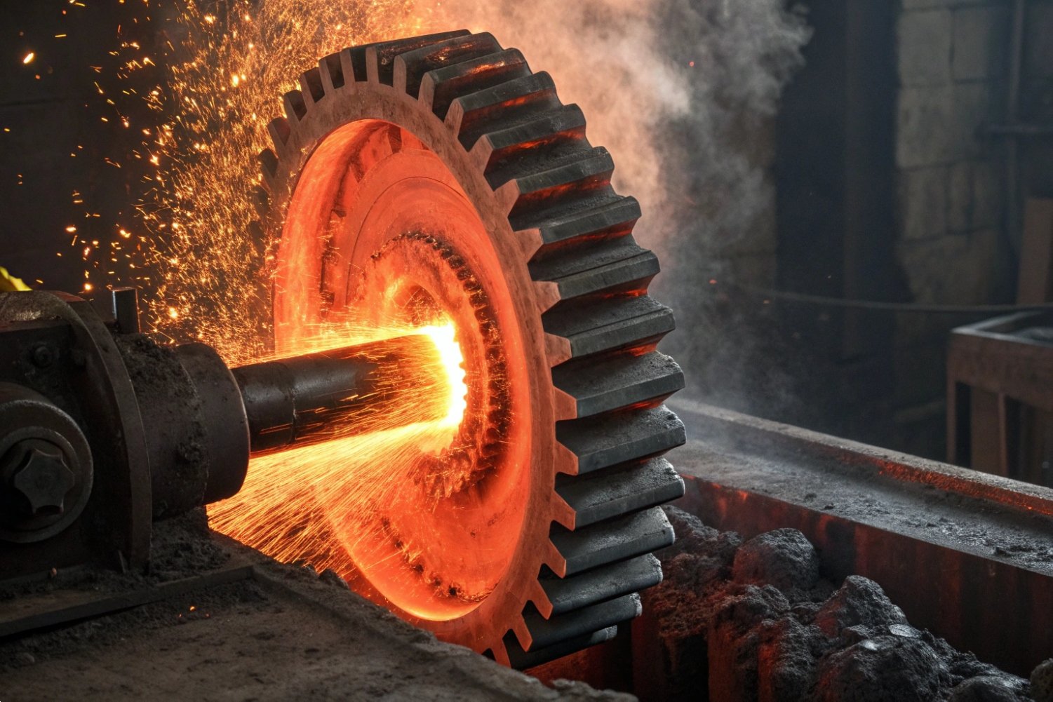 Industrial large gear manufacturing process with intense sparks during metal heat treatment.