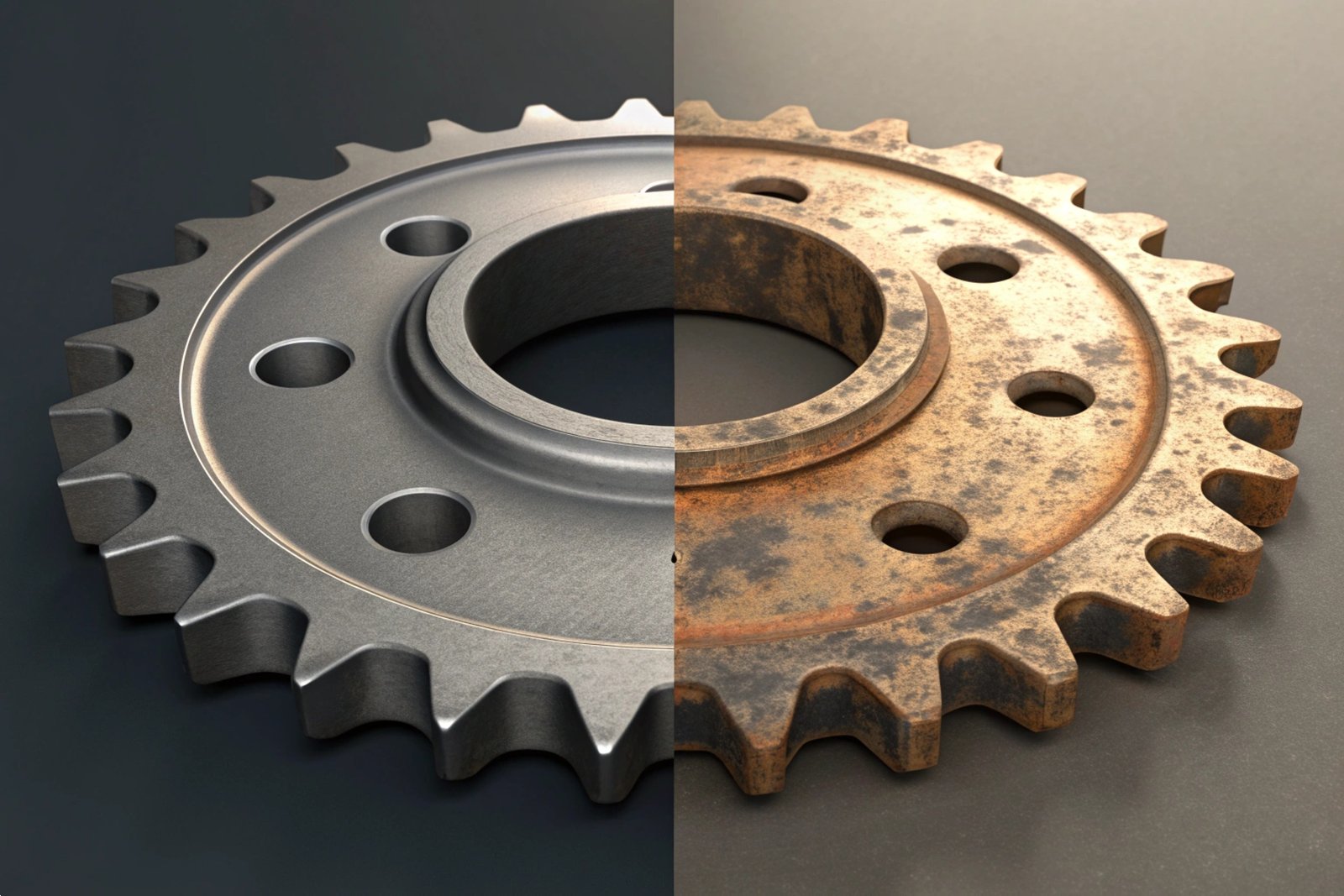 Gear Corrosion Comparison Side-by-side comparison of a clean industrial gear and a rusted metal sprocket component.