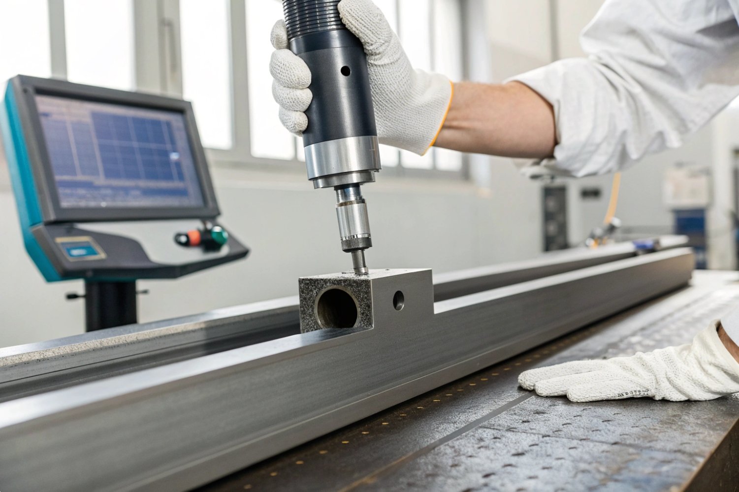 Technician using high-precision measuring tool for quality control on industrial metal components