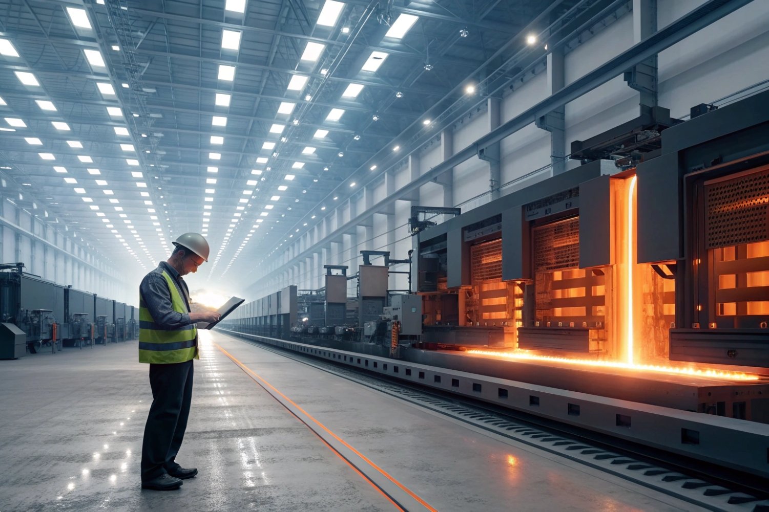 Engineer in safety gear monitoring automated molten metal casting process in a large-scale steel mill