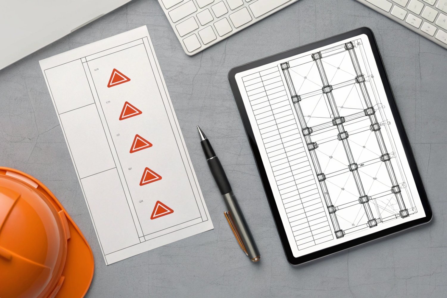 Engineering workspace with structural blueprints, tablet, and orange safety helmet on desk