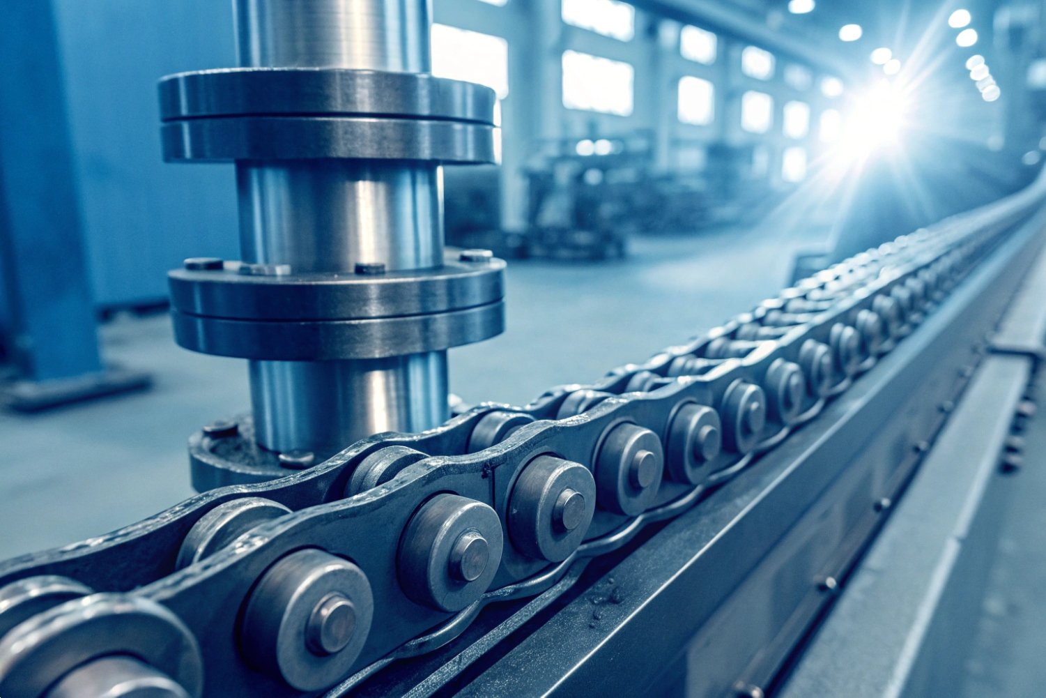 Heavy-duty industrial conveyor chain moving through a modern manufacturing plant with bright lighting