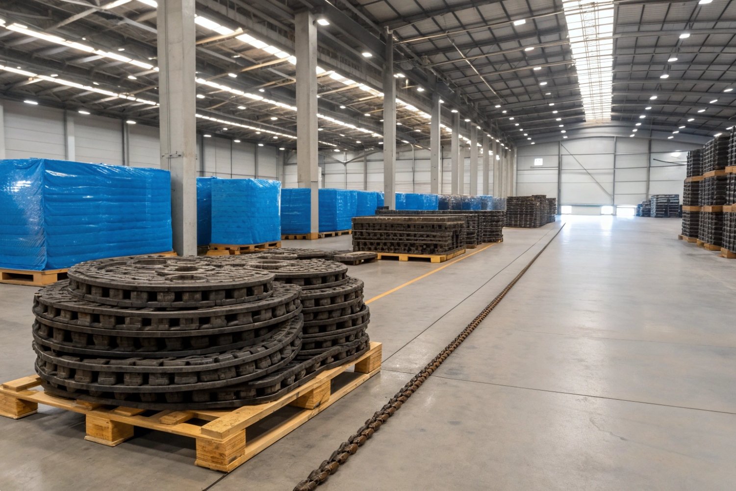 Track Component Inventory Management Large warehouse storage facility with stacked industrial track components on wooden pallets