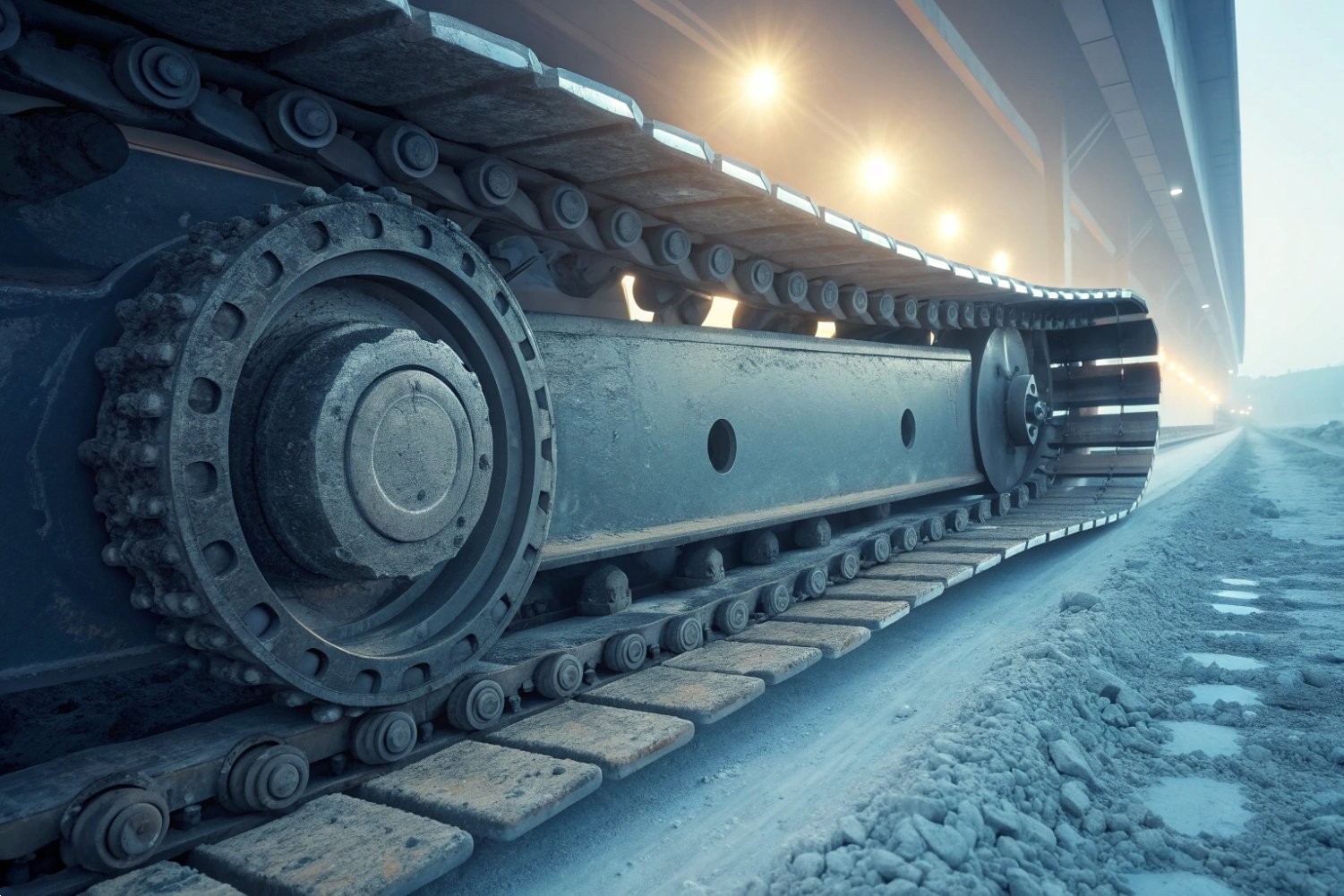 Heavy Vehicle Crawler Track Heavy-duty continuous track of a large construction vehicle in a dusty environment.
