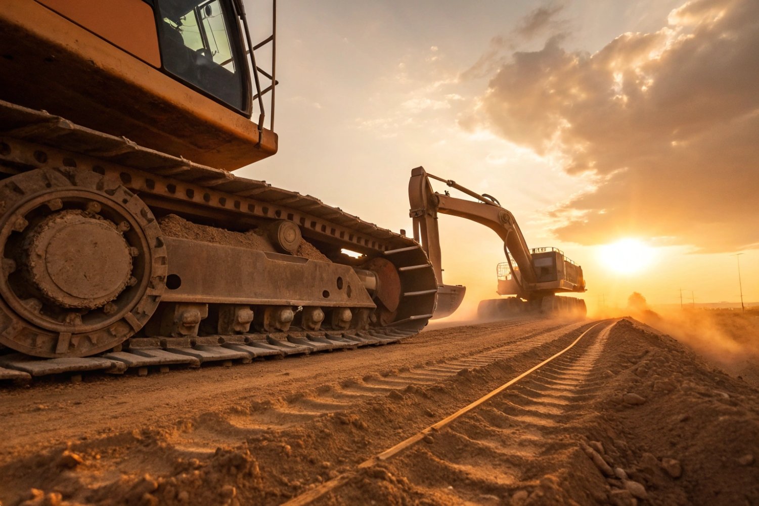 Construction Excavators at Sunset Pair of heavy excavators working on a dusty construction site during sunset.