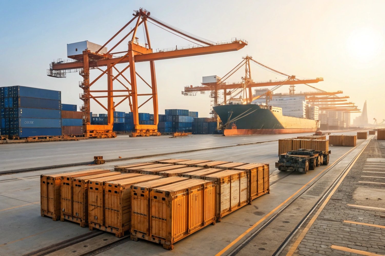 Global Maritime Freight Shipping Large container ship loading cargo with industrial cranes at a busy maritime port.