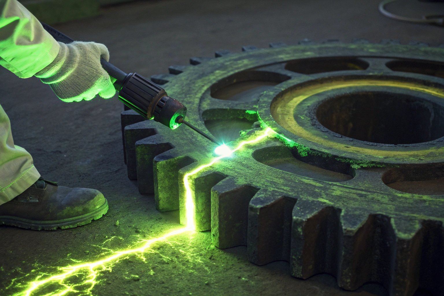 Magnetic Particle Inspection for Crack Detection - MPI cinematic shot of drive sprocket with UV-glowing particles on flaws