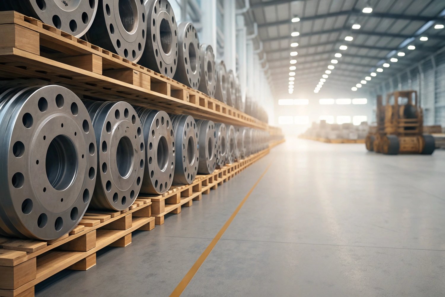 Neat rows of large steel flange components stacked on wooden pallets in a warehouse.