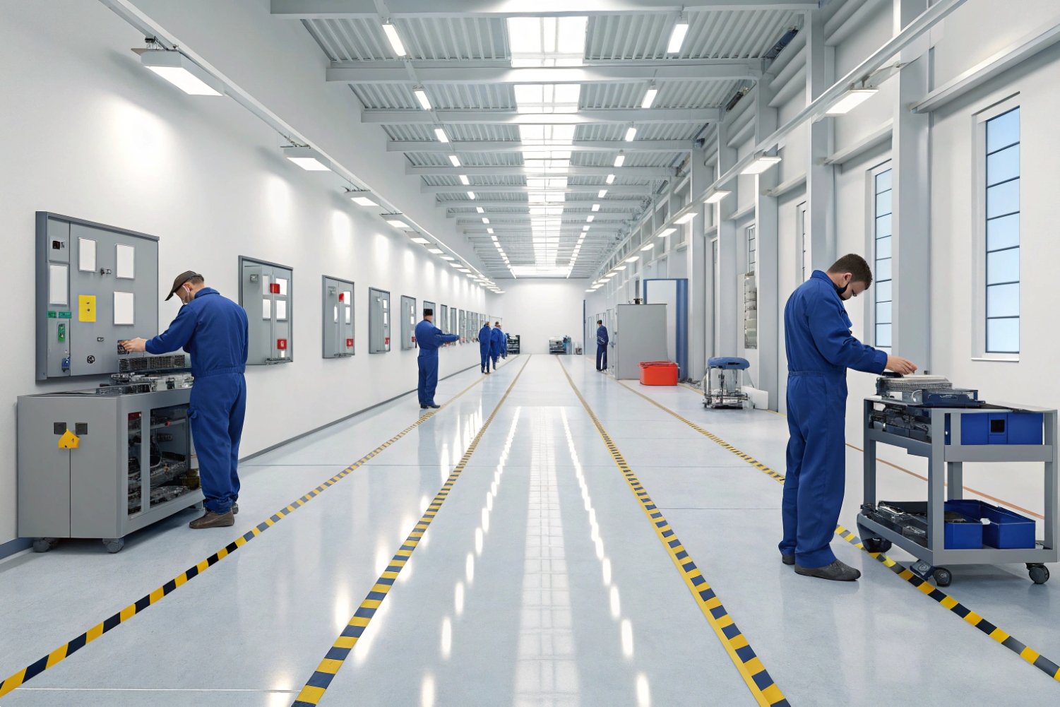 Industrial technicians in blue uniforms working in a clean, modern high-tech electronics assembly facility.