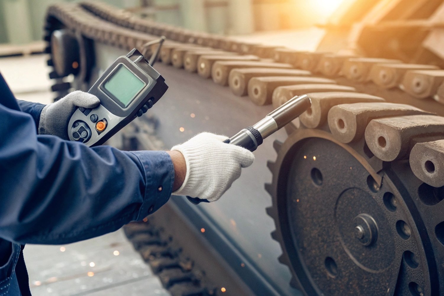 Technician using a handheld ultrasonic flaw detector to inspect industrial machine tracks for cracks.