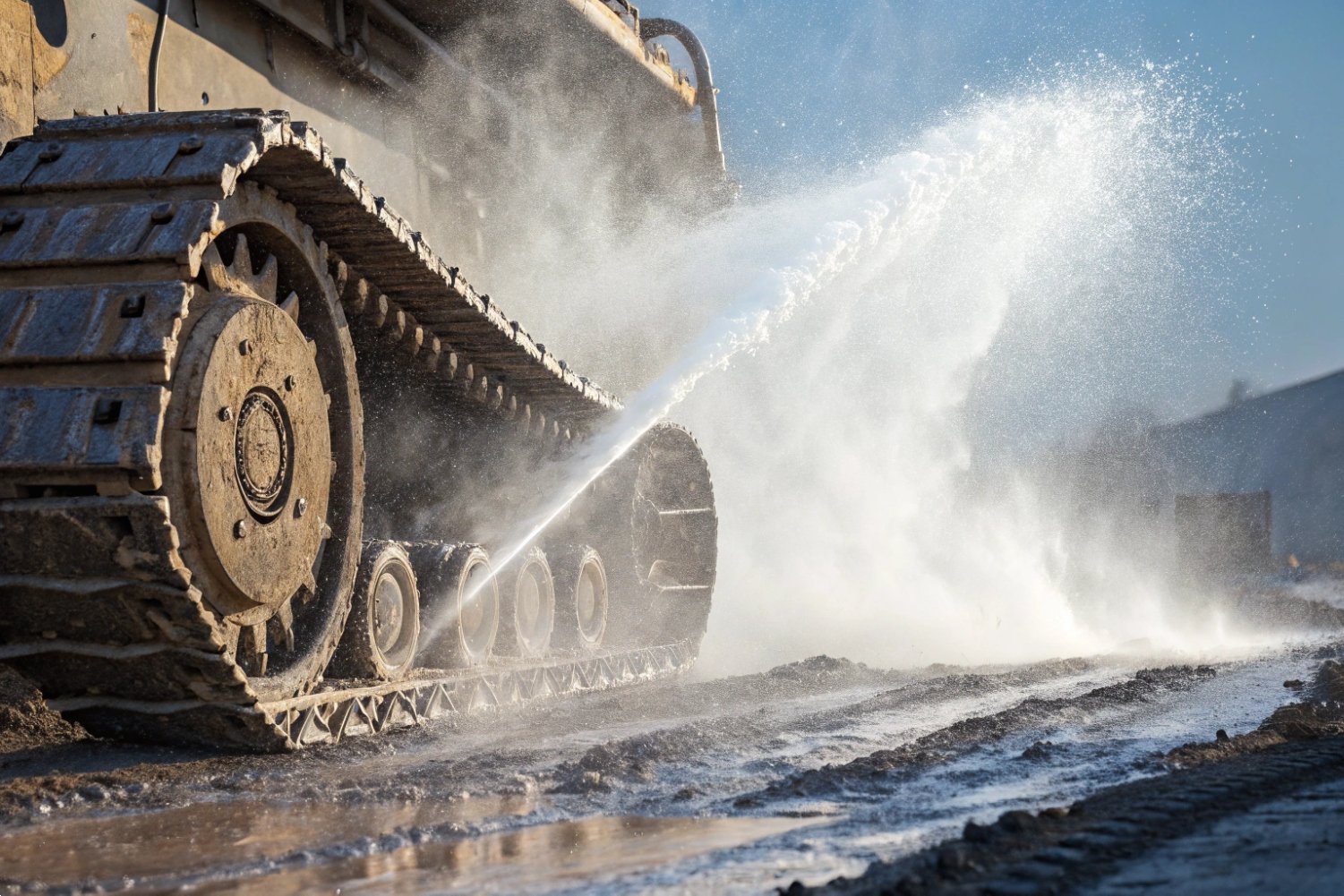 Machinery Track Pressure Washing High-pressure water jet cleaning mud and debris from heavy machinery tracks on a jobsite.