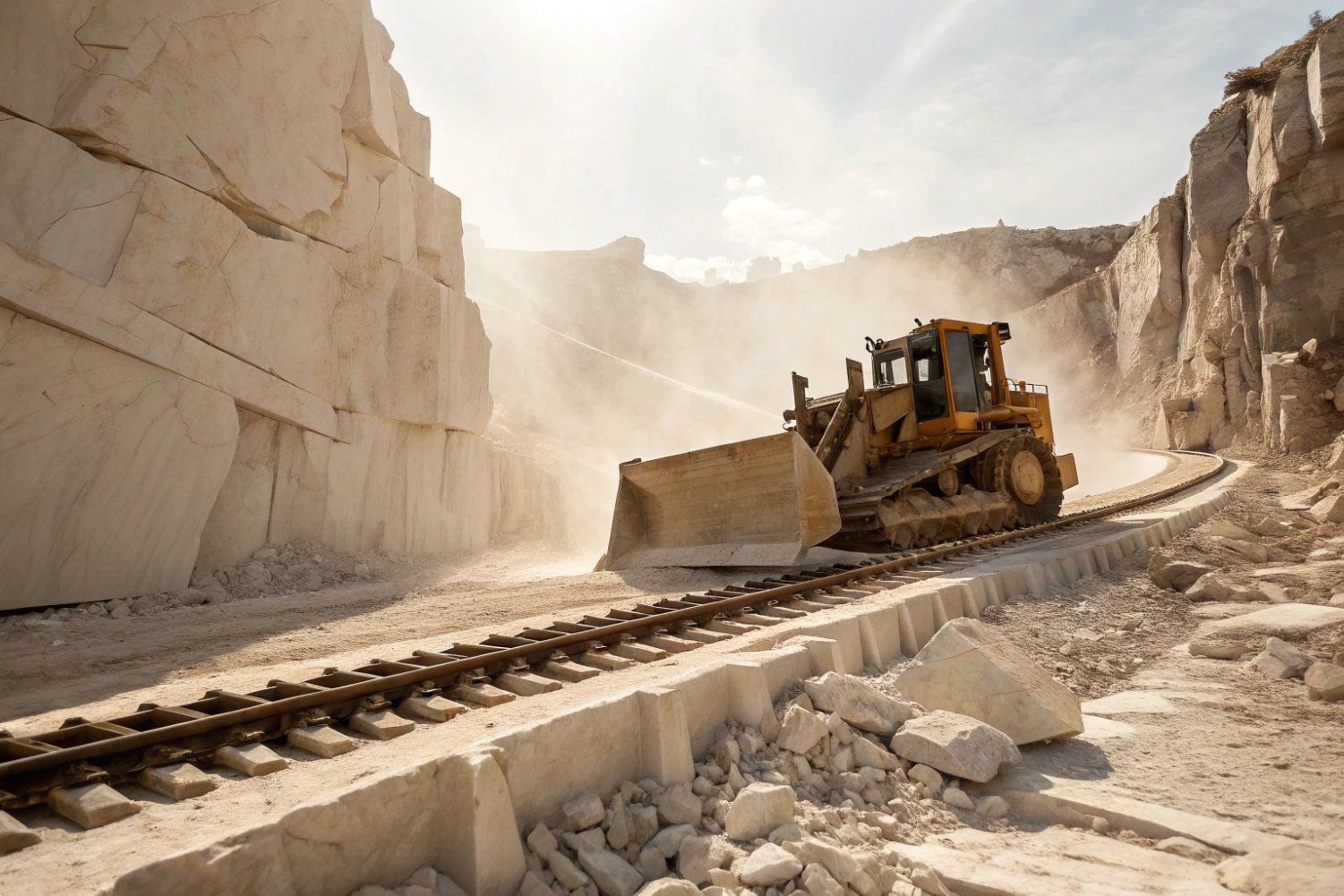 A large yellow bulldozer working on a dirt embankment at an outdoor construction site.