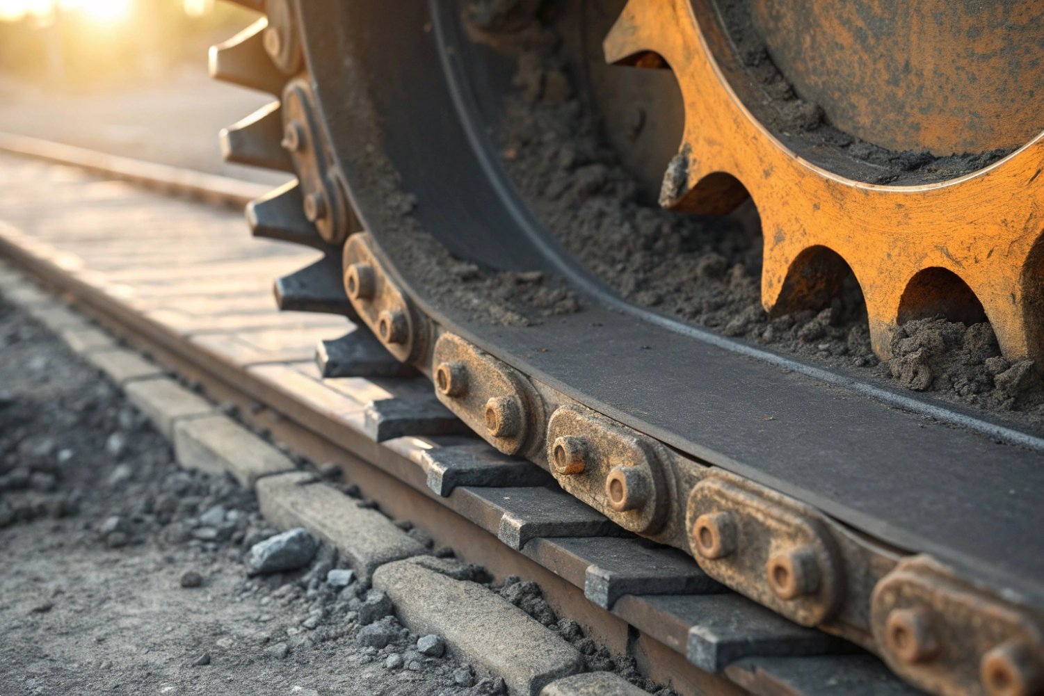 Close-up of a heavy-duty industrial drive sprocket engaging a steel crawler track chain.