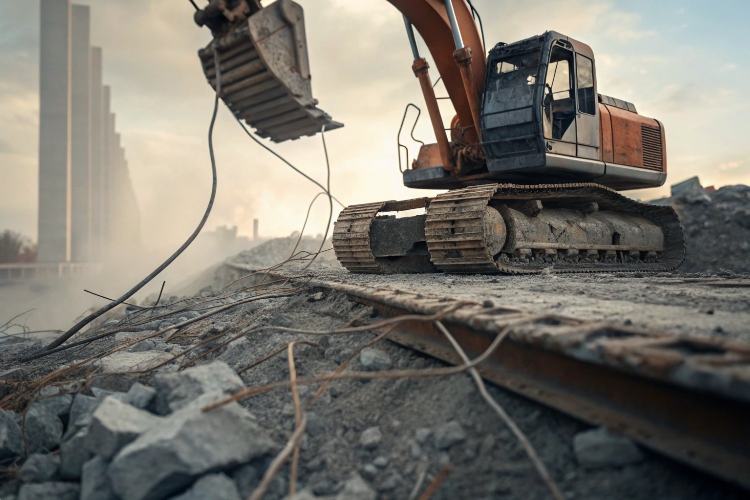 Heavy-duty excavator working on a rugged demolition site with reinforced concrete and rubble.