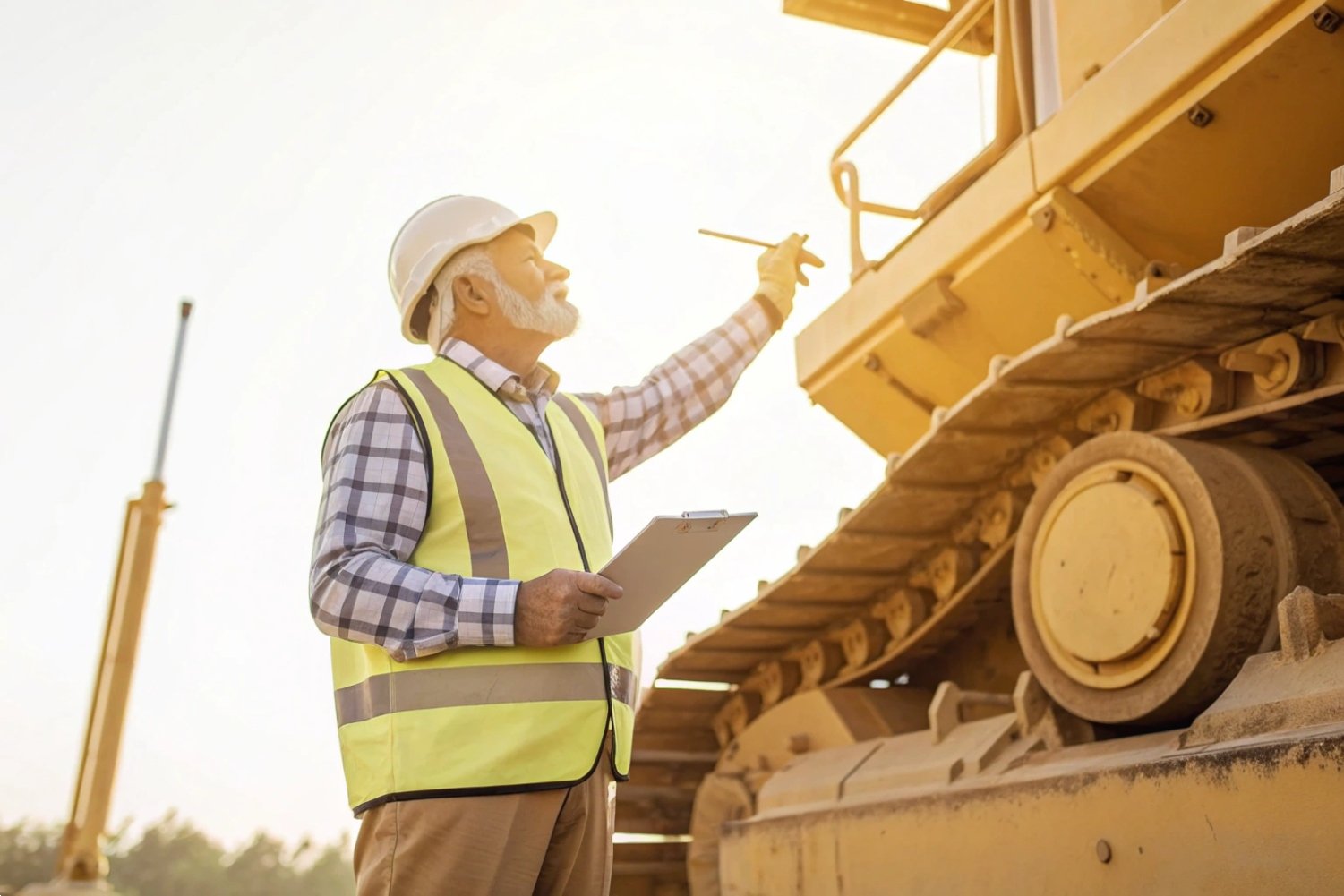 Senior engineer in safety gear inspecting heavy machinery with a clipboard