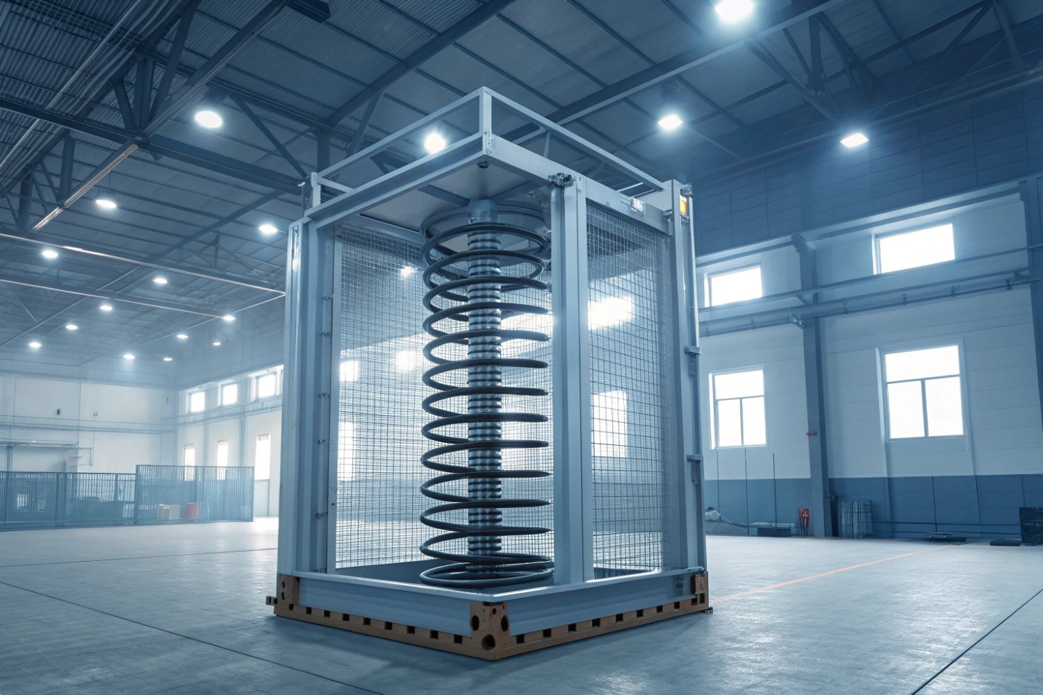 Large industrial spiral spring test rig inside a high-tech manufacturing facility
