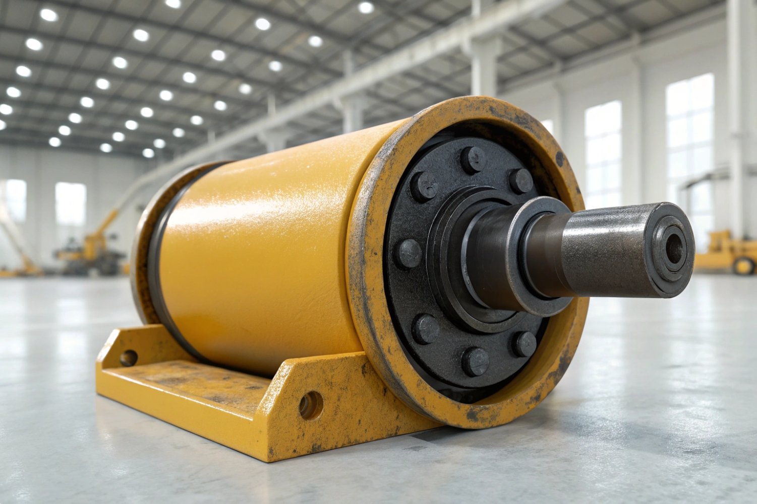 Close-up of a high-precision metal undercarriage guide wheel for heavy machinery