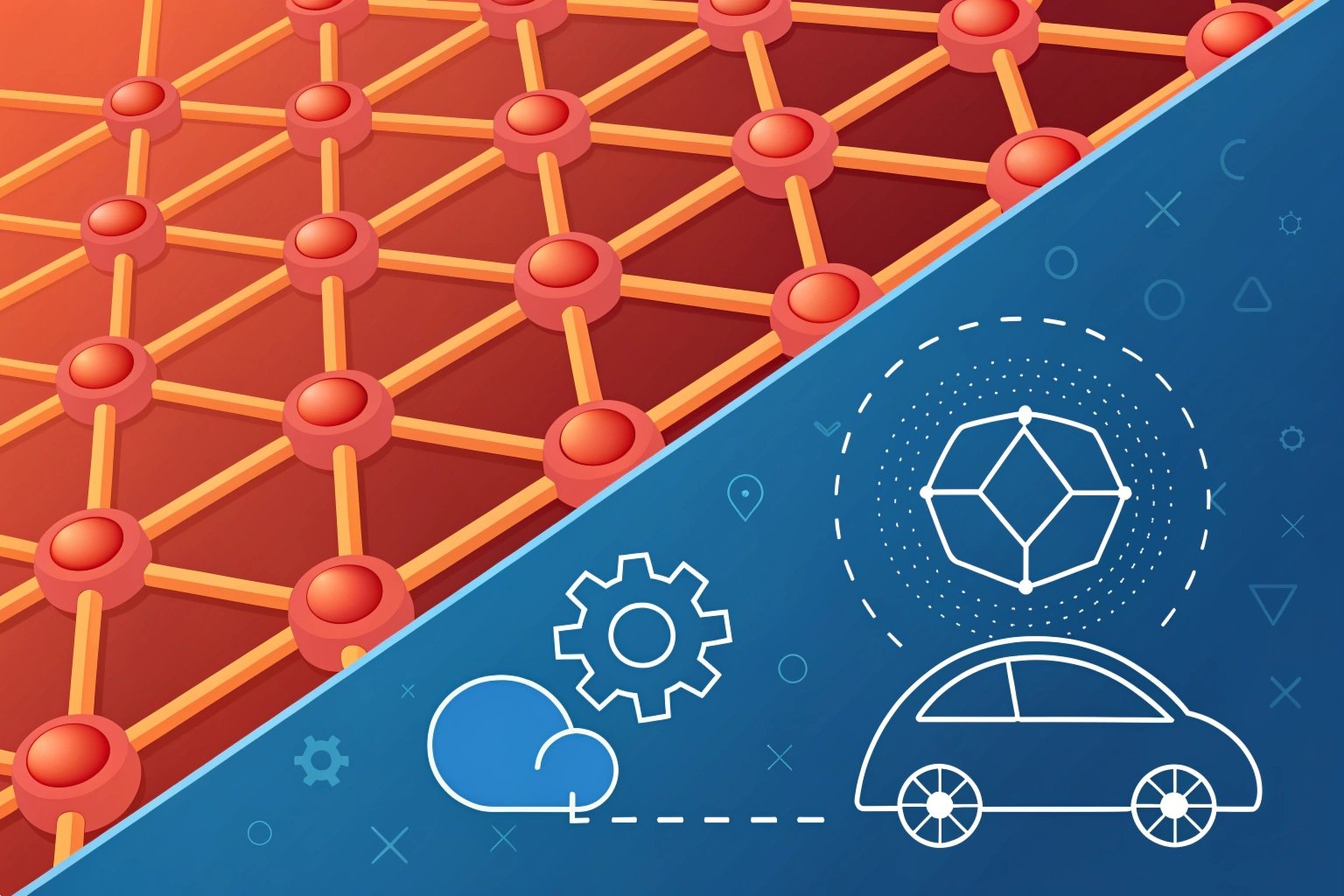 Illustration of network connections and technology integration under grids, car, software, and gears