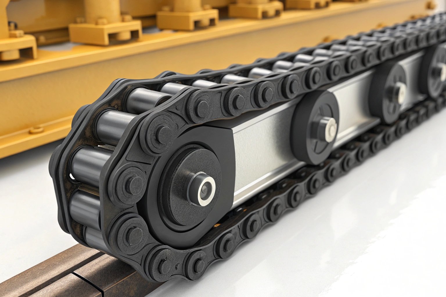 Detailed view of a reinforced heavy machinery track chain system for construction equipment.