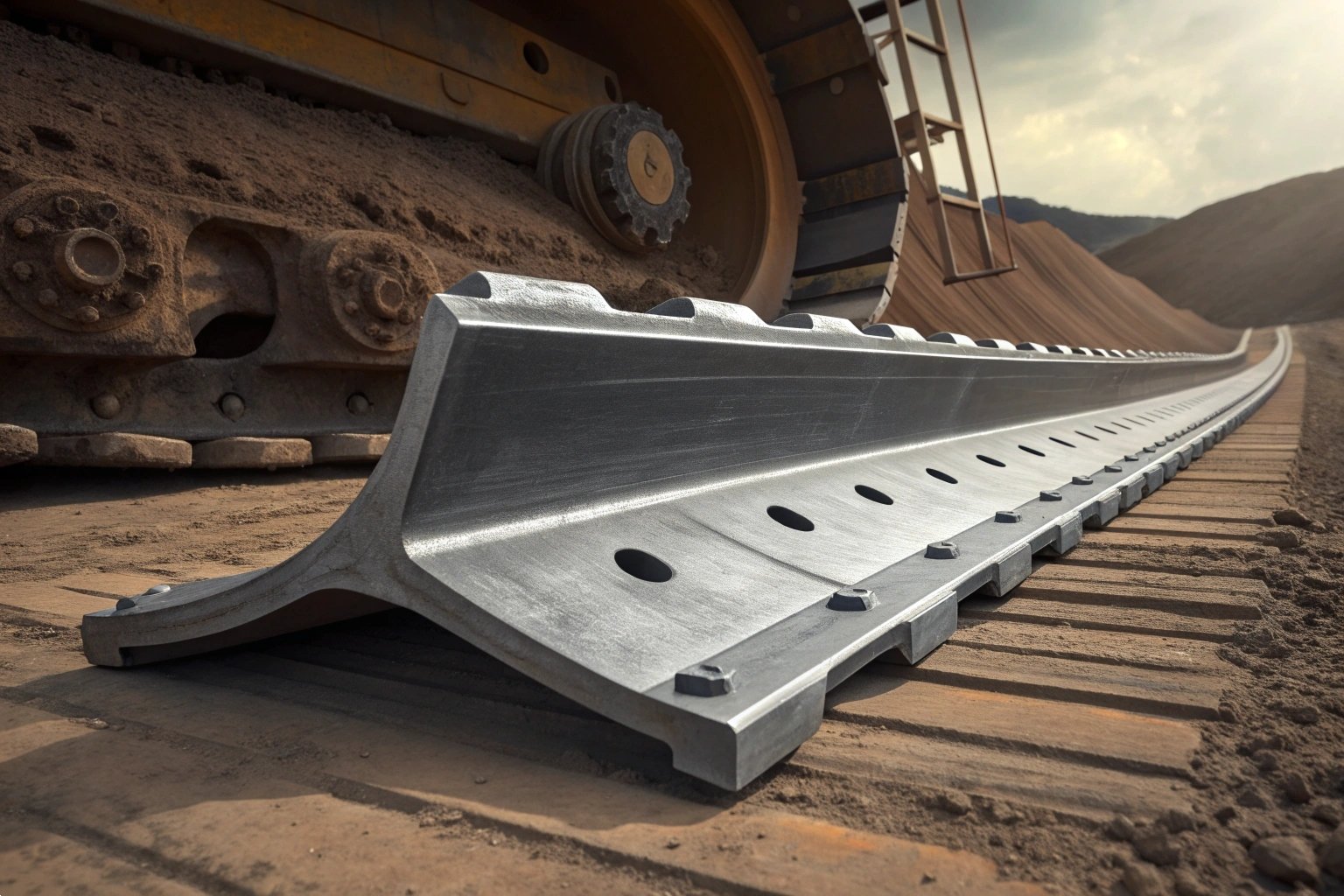 Durable steel excavator track shoe component displayed on a construction site with heavy equipment.