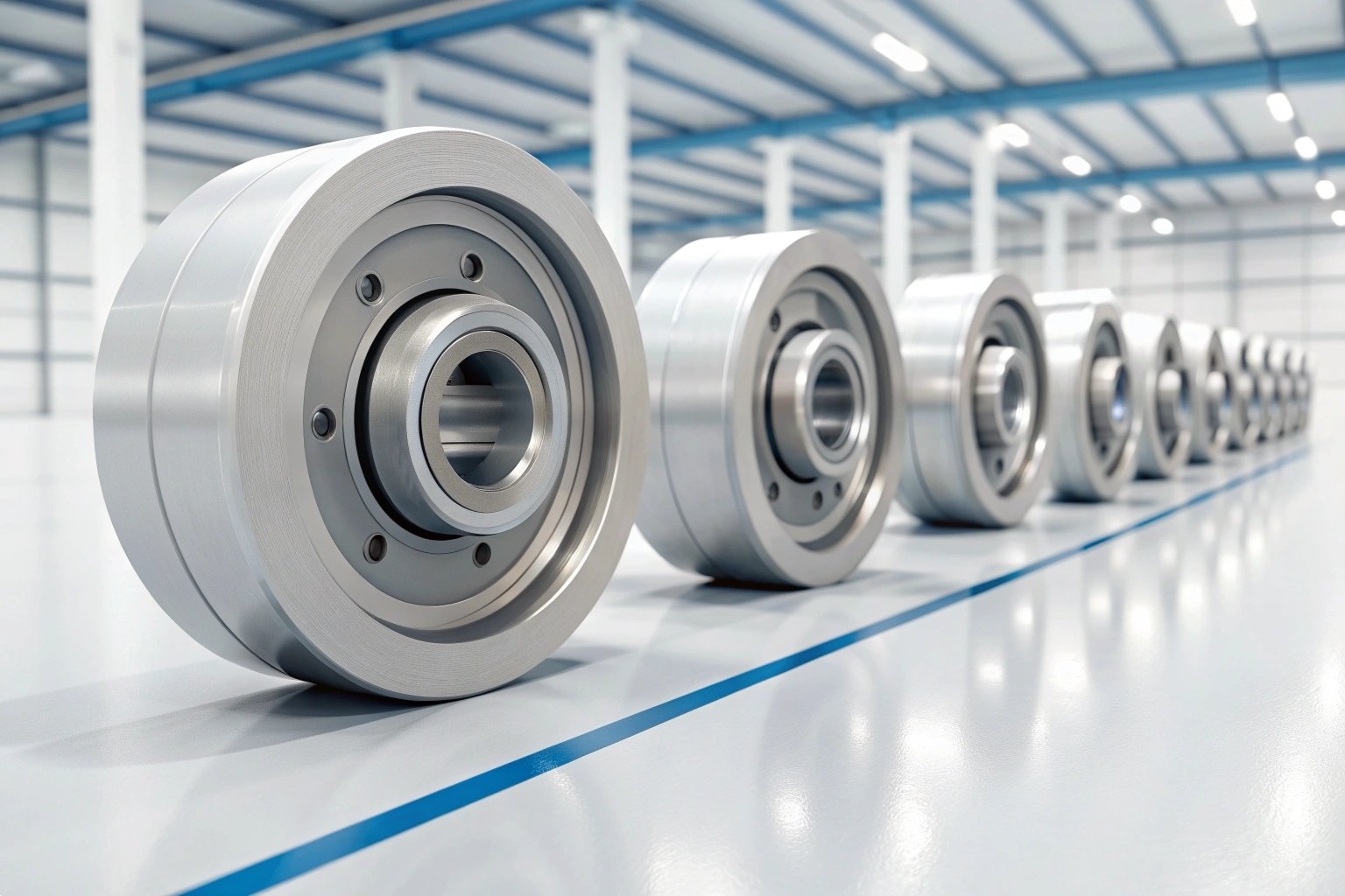 Precision machined steel rollers lined up on a factory floor for heavy machinery assembly.