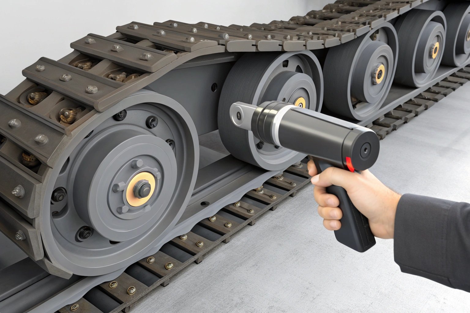 Track System Maintenance Detailed 3D render of heavy equipment undercarriage track system and maintenance tool.